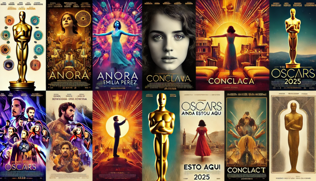 Aqui está a imagem representando os principais concorrentes ao Oscar 2025, com uma colagem de pôsteres de filmes como "Anora", "Emilia Pérez", "Conclave" e "Ainda Estou Aqui". A montagem destaca os diferentes temas e gêneros que estão em destaque na premiação deste ano.

